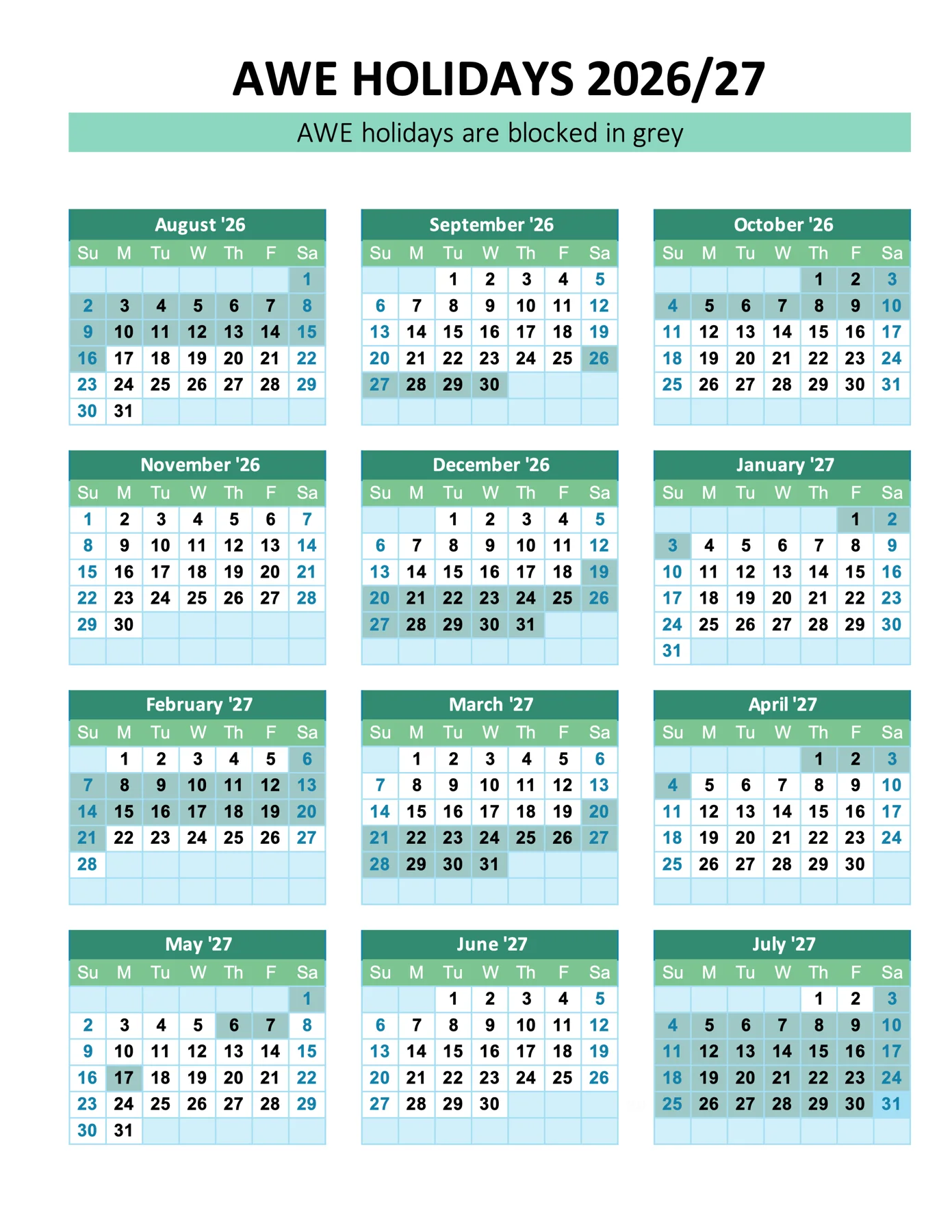 Ahead With English school holiday calendar